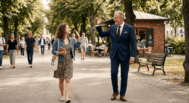 en kvinna vinkar till en man