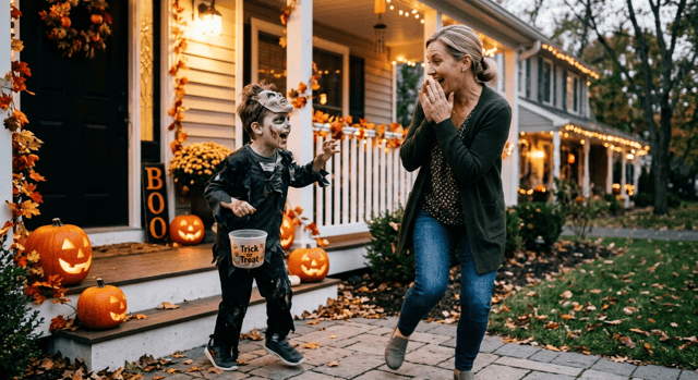 en pojke skrämmer en kvinna på halloween