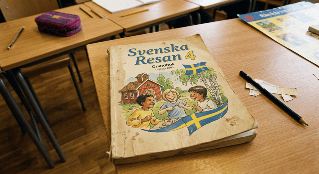 sliten svenska-bok på en skolbänk