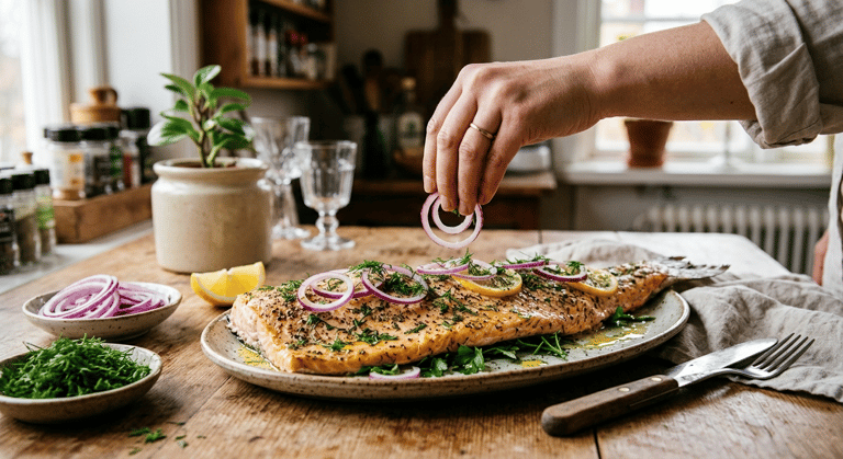 en hand lägger lök på en tillagad laxsida