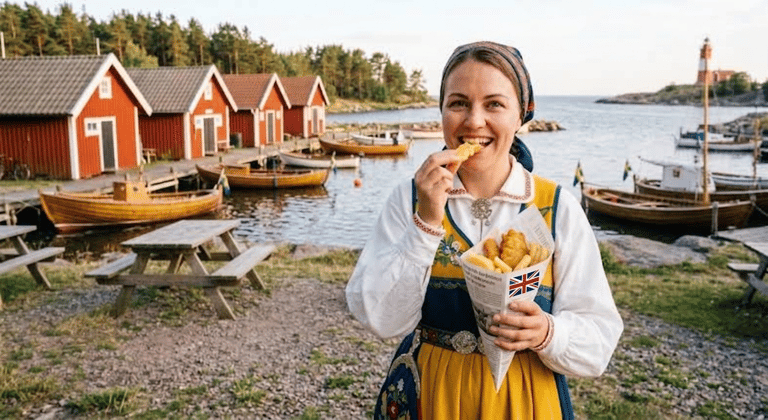 kvinna i sverigedräkt äter fish & chips
